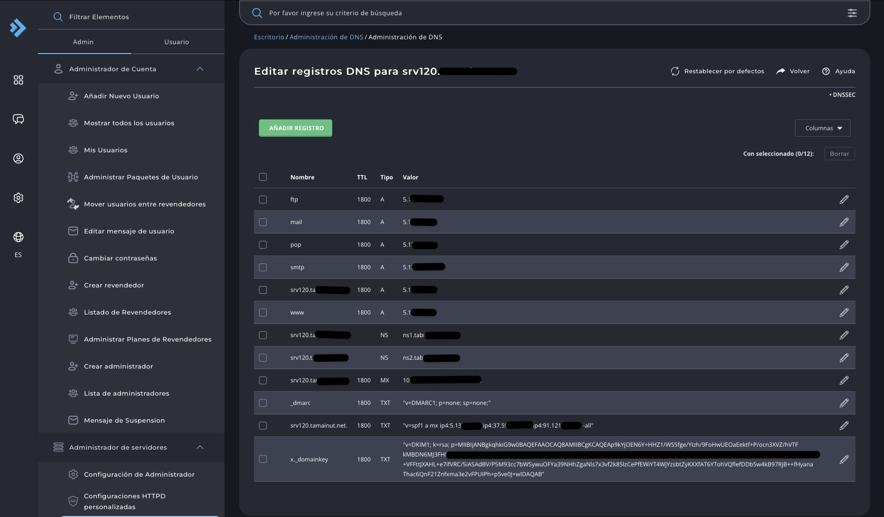 Edicion de la zona en el Tablero de Directadmin