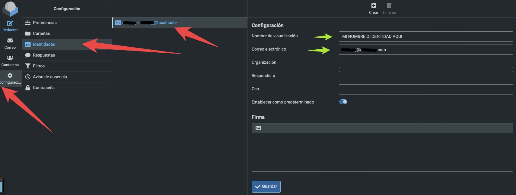 Modificar las identidad en RoundCube