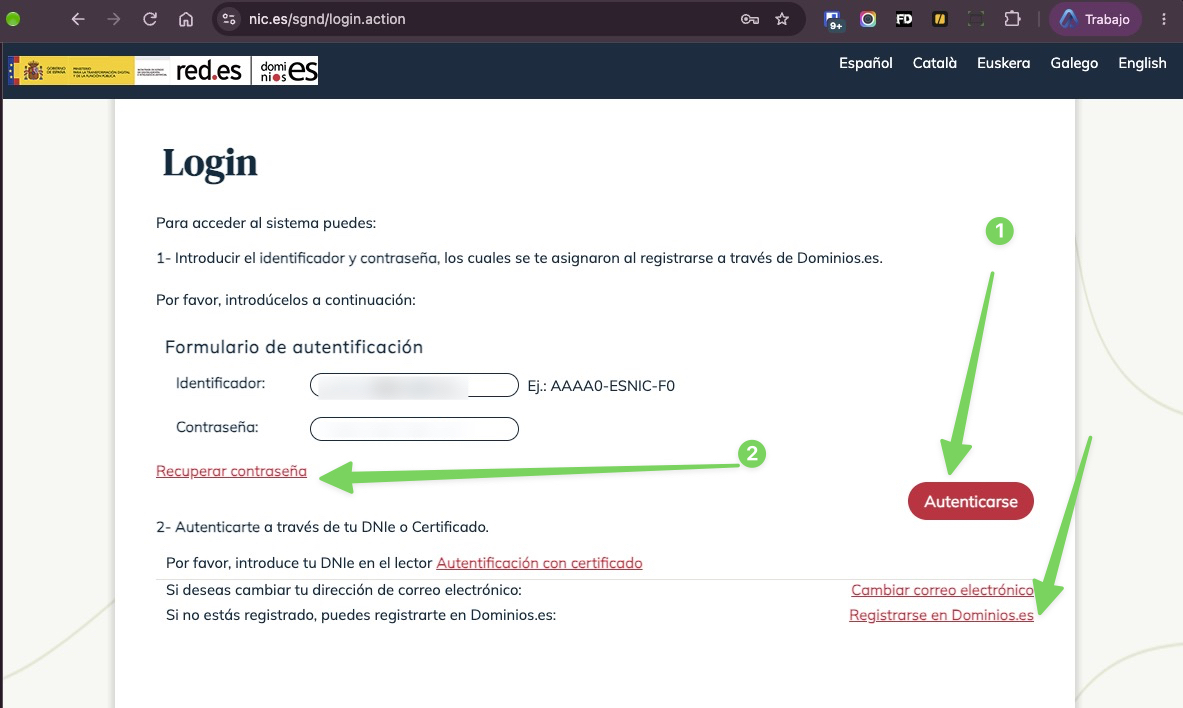 Pantalla de acceso de dominios.es