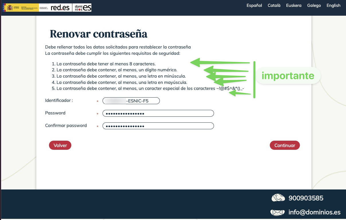 Nueva contraseña y requisitos