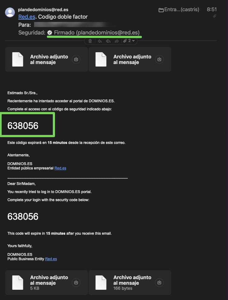 Correo con el código de doble factor