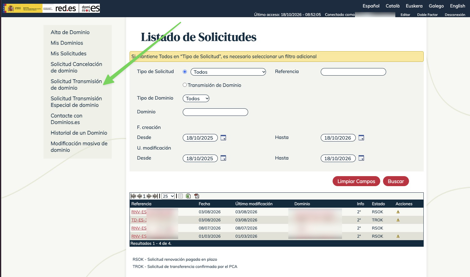Listado de solicitudes