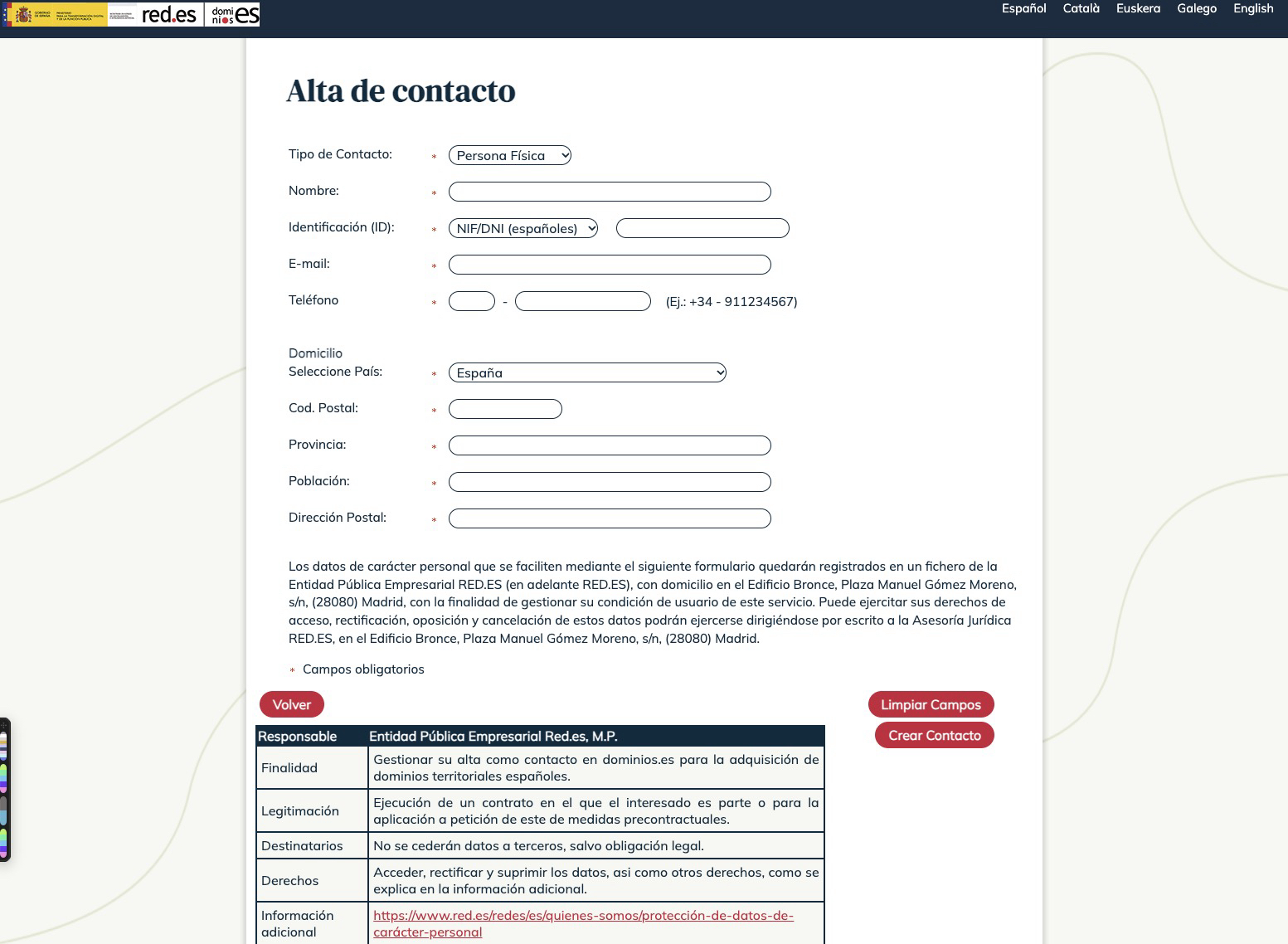 Alta de contacto en dominios.es