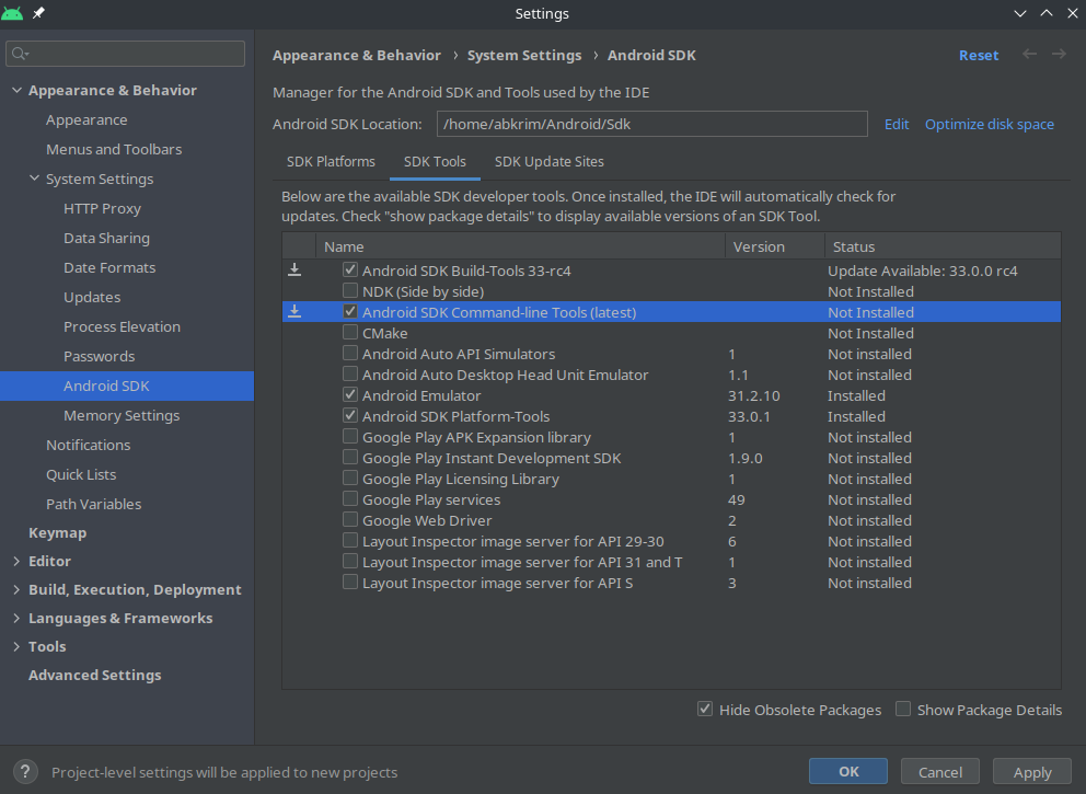 Androi Studio :: System Settings :: Android SDK