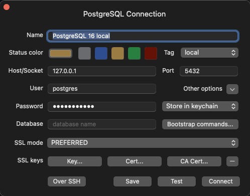 TablePlus - Configuración acceso a Postgresql - Docker